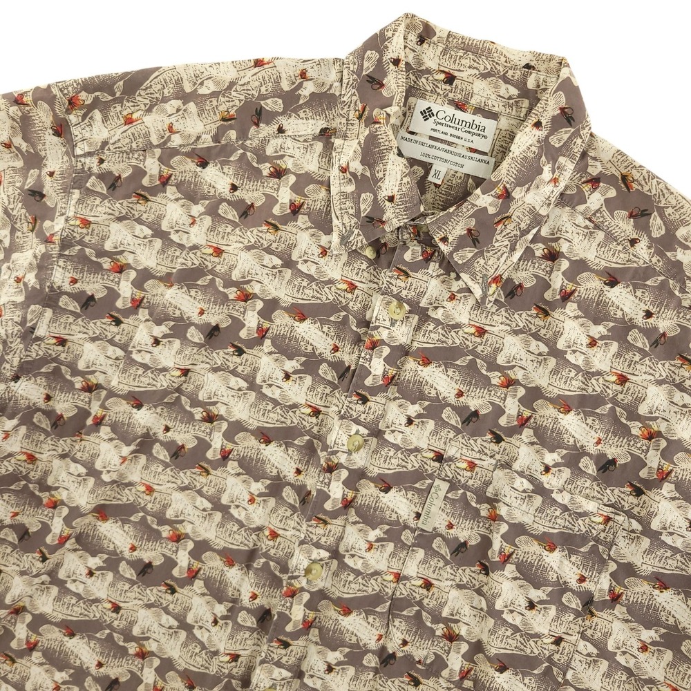 Columbia Shirt Mens XL Brown Fish Print‎ Short Sleeve Button Up Fishing Casual